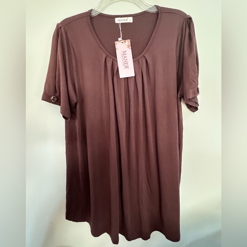Brown Women's Short Sleeve Top with Button detail on Sleeve
Size Large